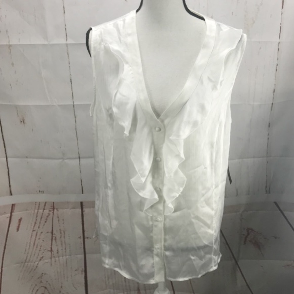White sleeveless career blouse ruffled front